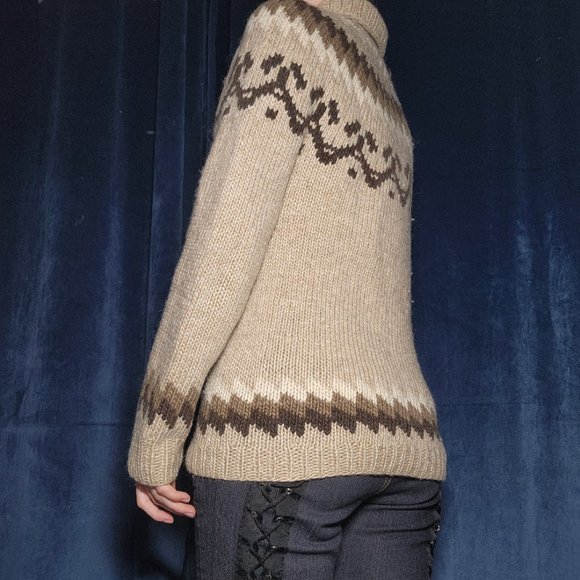 Vintage 90s neutral brown & cream turtleneck isle print chunky knit sweater - Picture 6 of 11